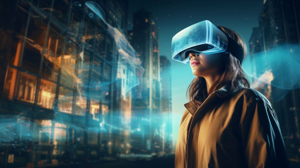woman with vr glasses futuristic city