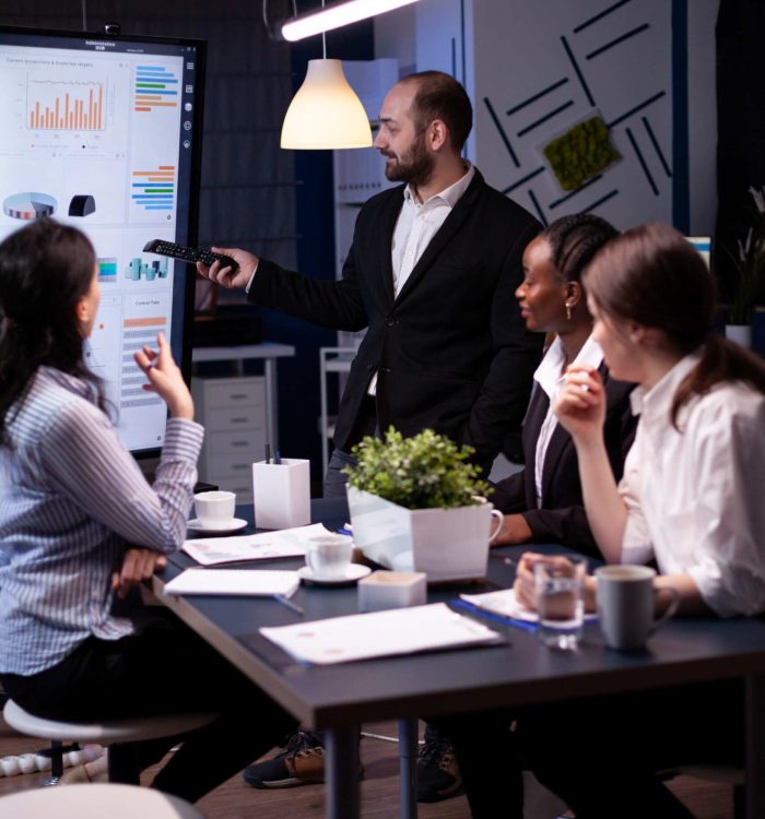 entrepreneur man brainstorming management strategy working hard meeting office