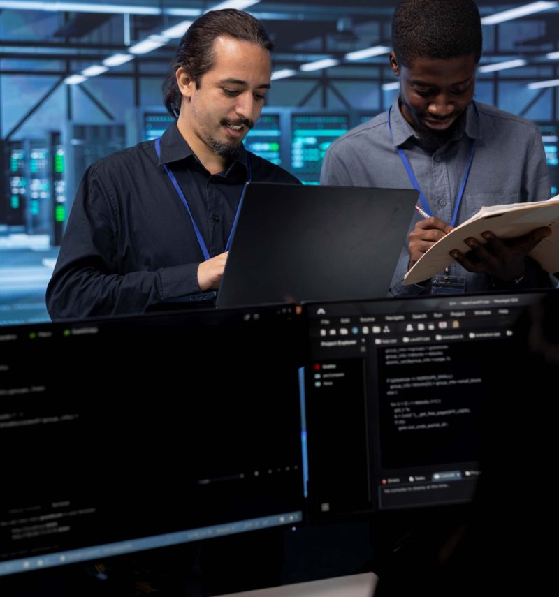 happy engineers checking signs imminent failure data center